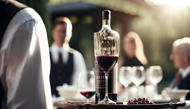 Botella de vino tinto de servicio de lujo servida por un camarero en una celebración de boda o evento formal al estilo inglés en un hotel de lujo o en una finca IA generativa