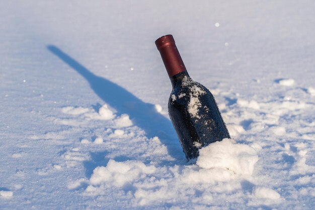 Botella de vino tinto sobre un lecho de nieve y fondo blanco.