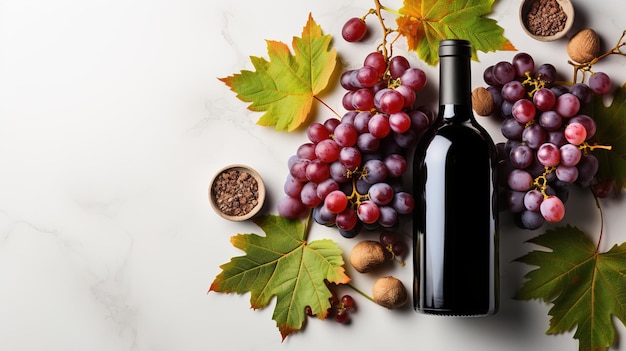 Una botella de vino tinto con uvas y hojas de otoño