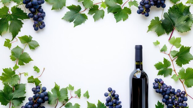 Botella de vino tinto con uvas maduras y hojas de vid en fondo blanco Copia la vista superior del espacio