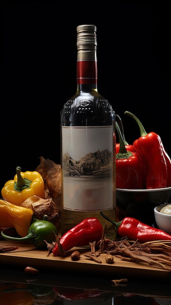 botella de vino tinto y uvas en la mesa