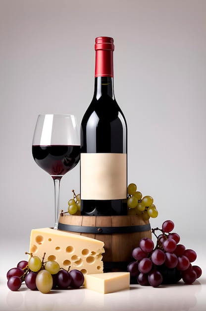 una botella de vino tinto con uvas y queso a su alrededor en la parte superior de un barril con un fondo blanco