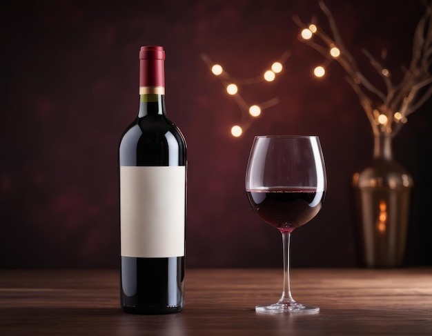 Una botella de vino tinto y un vaso de vino rojo en una mesa de madera con un jarrón y luces de hadas