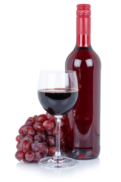 Botella de vino tinto vidrio alcohol bebida uvas aislado en blanco