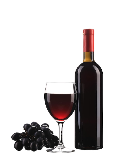 Botella de vino tinto y vidrio
