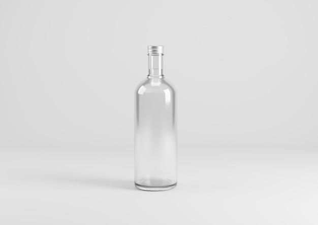 Botella de vino transparente en blanco con copas en el fondo vacío Ilustración 3d de renderizado 3d