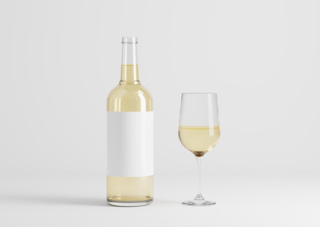 Botella de vino transparente en blanco con copas en el fondo vacío ilustración 3d de renderizado 3d