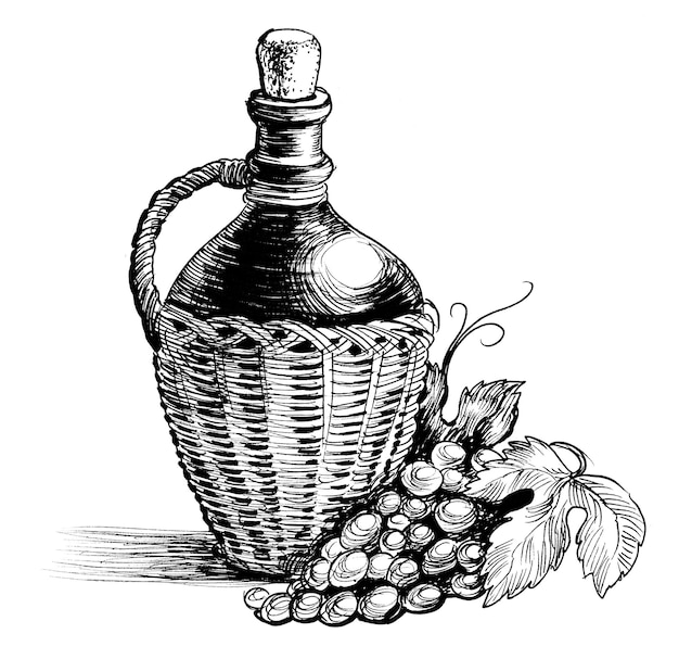 Botella de vino y uvas. Dibujo a tinta en blanco y negro