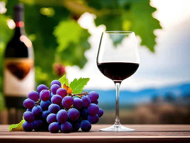 Foto botella de vino y uvas en mesa de madera con viña