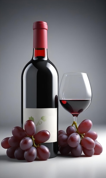 Una botella de vino y un vaso de vino al lado de un racimo de uvas