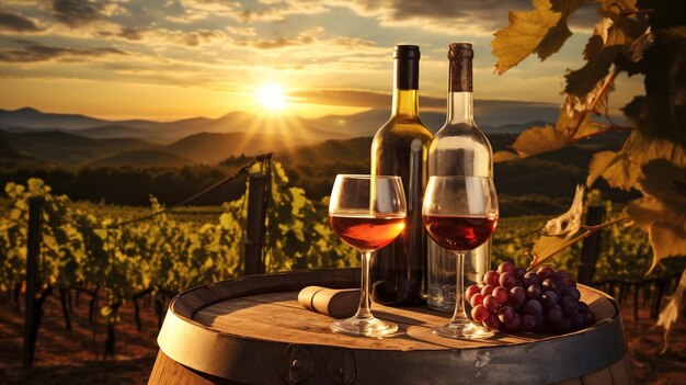 botella de vino y vaso de vino en barril de madera en el viñedo