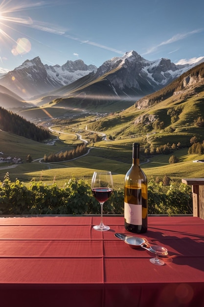 Foto botella de vino y vaso de vino en la mesa con el fondo de las montañas