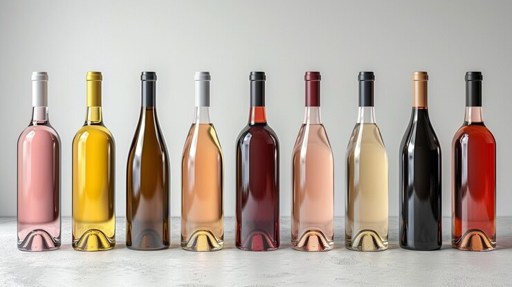 botella de vino con vasos y botellas en una mesa de madera