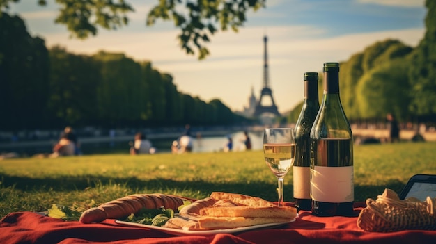 Foto botella de vino con vasos en un picnic en parís