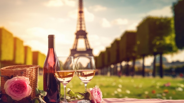 Botella de vino con vasos en un picnic en París