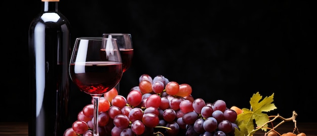 Una botella de vino con vasos y uvas en un negro