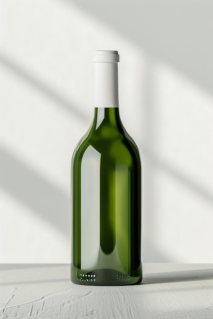 una botella de vino verde sentada sobre una mesa