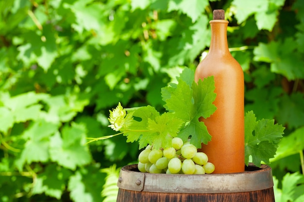 Botella de vino y vid de uva en barril de vino viejo