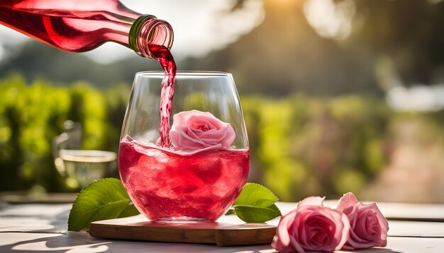 una botella de vino se vierte en un vaso con rosas