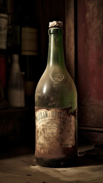 Botella de vino vintage retro con gafas de fondo oscuro generada por la IA