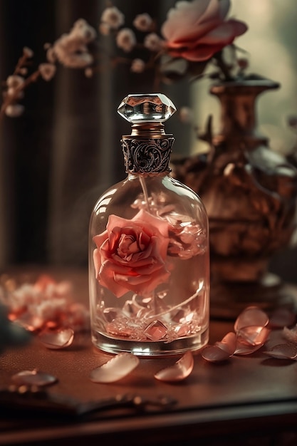 Botella vintage cara con perfume con flores rosas