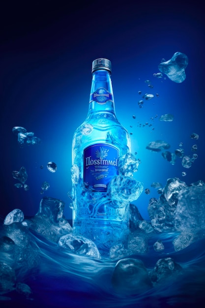 Una botella de vodka azul está en el agua.