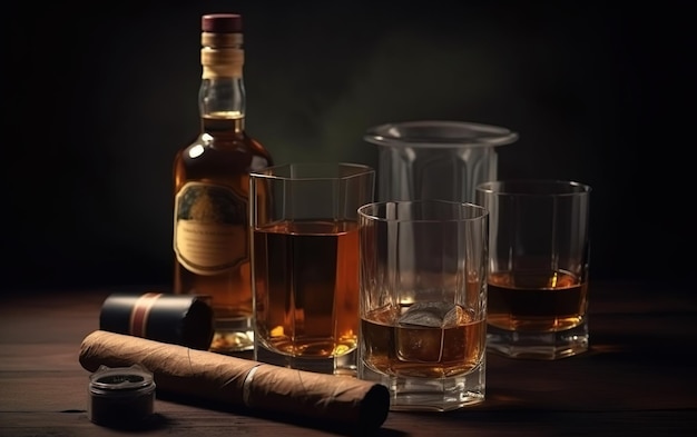 Una botella de whisky con un cigarro al lado.