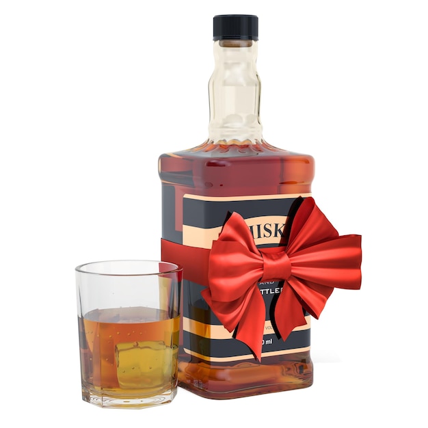 Botella de whisky con concepto de regalo de lazo y cinta renderizado 3D