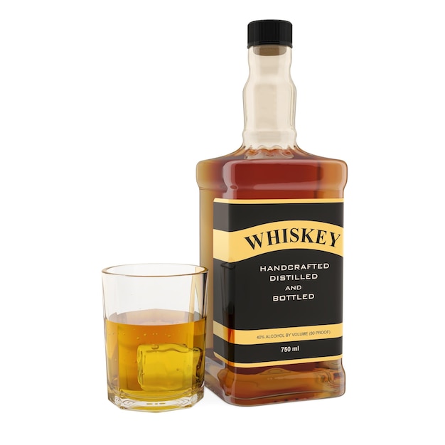 Botella de whisky con etiqueta y vaso lleno de whisky renderizado 3D