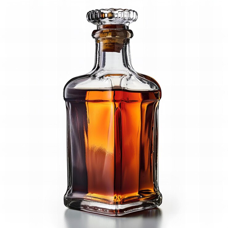 una botella de whisky con un fondo blanco