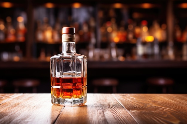 Una botella de whisky medio vacía en solitario sobre un mostrador de madera