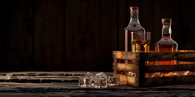 Foto botella de whisky con vasos de hielo en una mesa de madera ia generativa