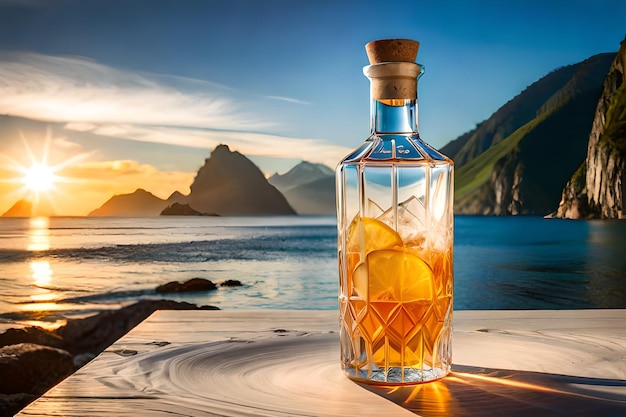 Una botella de whisky con vista al mar y las montañas al fondo.