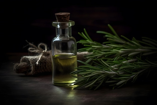 Botellas de aceite esencial de pino y rama de árbol Generada por una red neuronal de IA