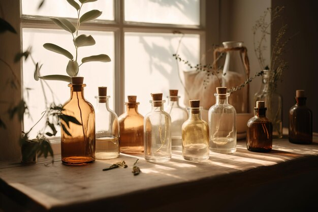 Botellas de aceite esencial producto minimalista disparar estilo orgánico ai generativo