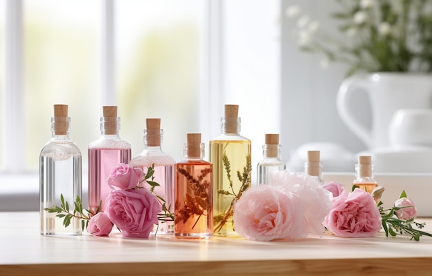 Botellas de aceite esencial de rosas y flores sobre mesa de madera