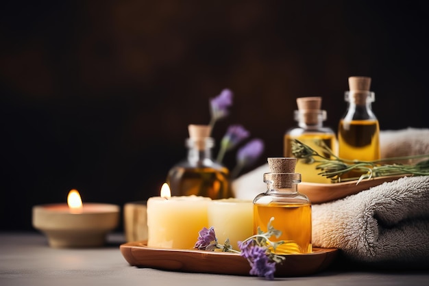 Botellas de aceite esencial con velas y lavanda sobre una mesa.