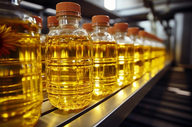 Foto botellas de aceite de girasol y vegetal en una línea de producción contra equipos de fábrica