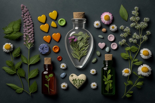 Foto botellas de aceite de hierbas hierbas de homeopatía ia generativa