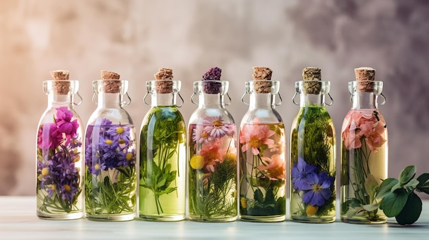 Botellas de aceite de hierbas homeopática hierbasAIG IA generativa