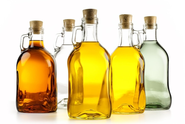 Botellas de aceite de oliva aisladas en el trazado de recorte de fondo blanco incluido IA generativa