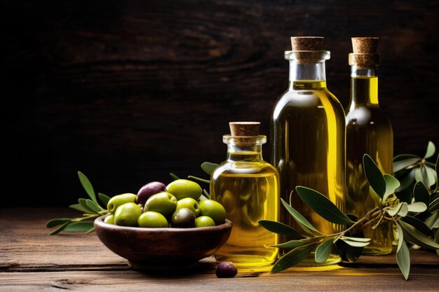 Botellas de aceite de oliva antiguas con aceitunas negras y verdes y hojas sobre un fondo rústico con sp