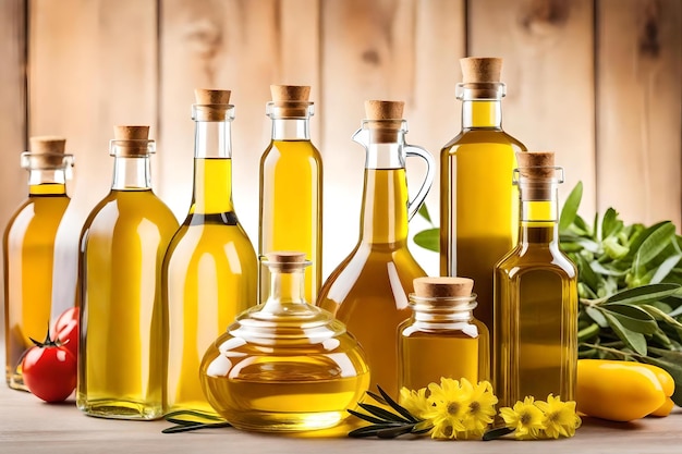 Botellas de aceite de oliva con flores amarillas en una mesa de madera.