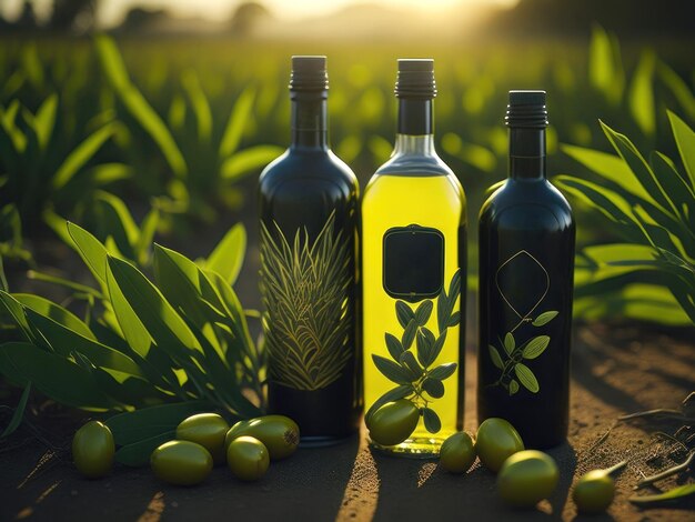 Botellas de aceite de oliva con hojas de aceitunas generadas por IA