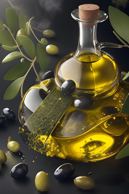 Botellas de aceite de oliva y oliva.