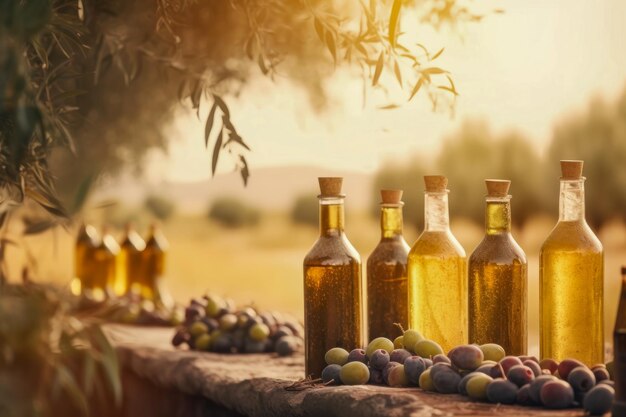 Botellas de aceite de oliva virgen extra en el suelo del olivar