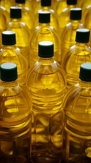 Foto botellas de aceite vegetal dispuestas en un patrón dentro de una fábrica o tienda fondo de pantalla móvil vertical