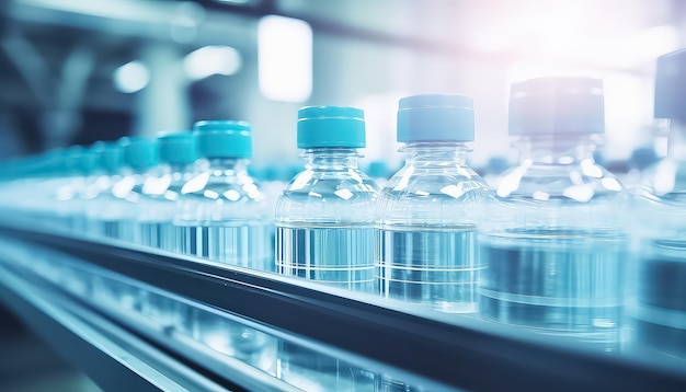 Botellas de agua clara en la línea transportadora de una fábrica.