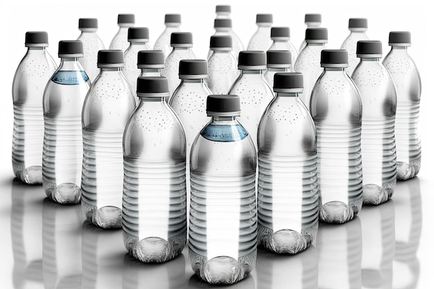 Botellas de agua dispuestas en filas aisladas sobre fondo blanco