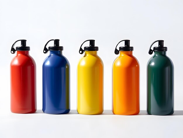 Botellas de agua multicolores con tapas negras y con gotas estrechas para beber con comodidad